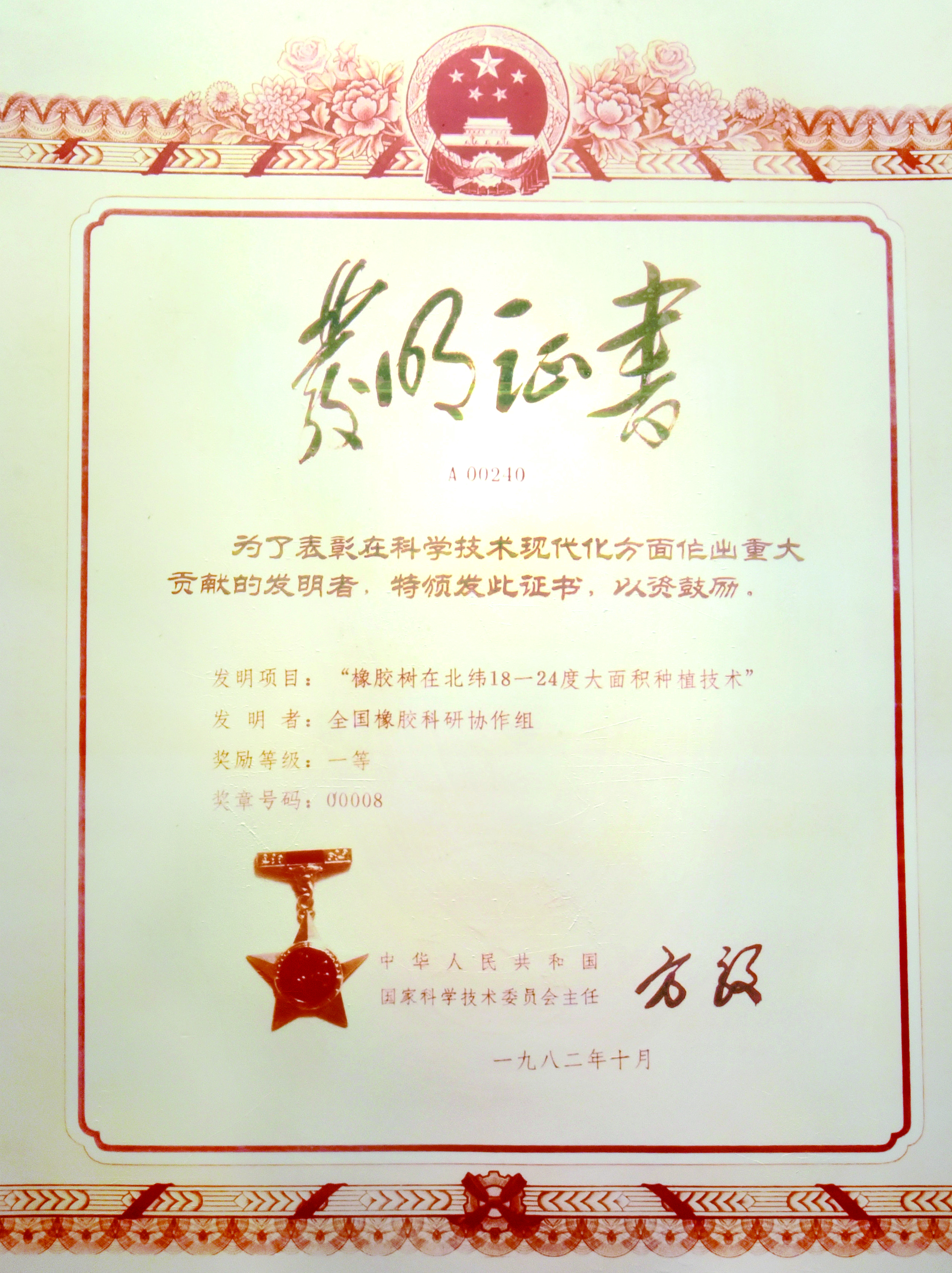 国度发现一等奖 “橡胶树在北纬18—24度大面积种植技术”